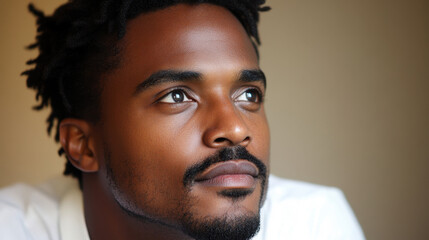 Obraz premium Reflective young african american man gazing towards the horizon in a cozy indoor setting
