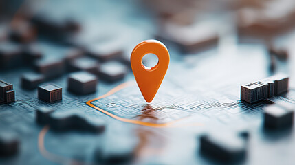 Marqueur de géolocalisation orange posé sur une carte stylisée avec bâtiments miniatures.