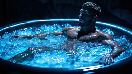 Homme musclé immergé dans un bain de glace, lueur bleue mystérieuse et dramatique.