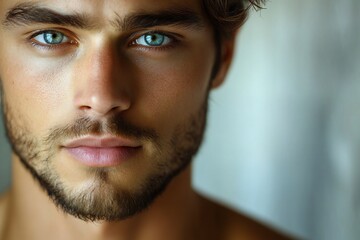 Obraz premium Close up portrait of handsome irish american man. Portrait of a man for skincare and beauty concepts. Handsome man with beauty face, facial skin portrait. Male healthy skin and spa concept