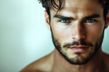 Fototapeta premium Close up portrait of handsome man. Portrait of shirtless man for skincare and beauty concepts. Handsome man with beauty face, facial skin portrait. Male healthy skin and spa concept
