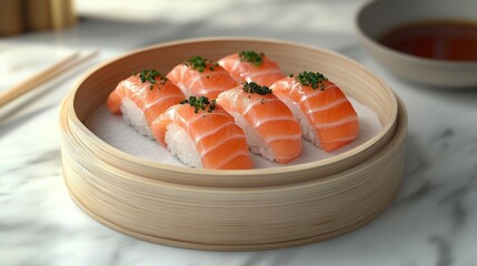 Fresh Salmon Sushi in Bamboo Steamer, Soy Sauce in Background