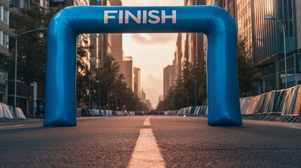 Inflatable Finish Line Arch on a City Street During a Sunset