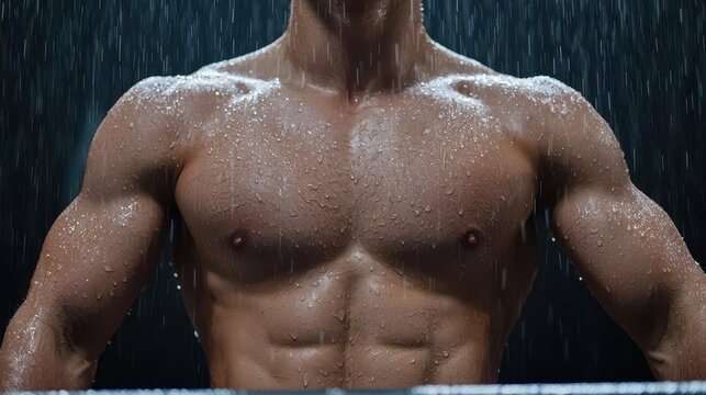 Closeup of a gymnast on parallel bars, with sweat and water droplets flying as they complete a dynamic move, 3D render