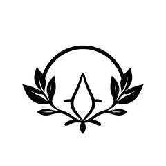 Minimalist emblem of black leaves and central symmetry on a white backdrop.