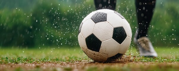 Detailed shot of a soccer players cleats kicking a wet soccer ball, with water spraying and droplets suspended in midair, 3D render