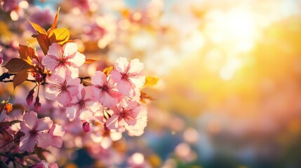 Pink cherry blossoms blooming in sunlight.