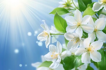 Obraz premium Spring Blossoms White Flowers, Sunbeams, and Blue Sky Background