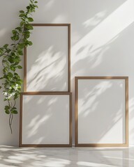 Mockup Three Wooden Frames, White Wall, Marble Floor, Sunlight Shadows, Plant