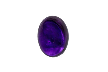Amethyst oval polished cabochon from Uruguay; deep, rich purple hue. 14x11mm, 7.6 carats. White background. 
