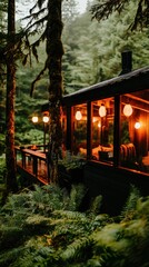 A cozy cabin nestled in the forest, illuminated by warm lights, surrounded by lush greenery and towering trees, creating a serene atmosphere.