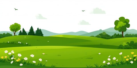 Fototapeta premium A serene, green landscape featuring rolling hills, trees, flowers, and a clear sky, perfect for nature lovers and outdoor enthusiasts.