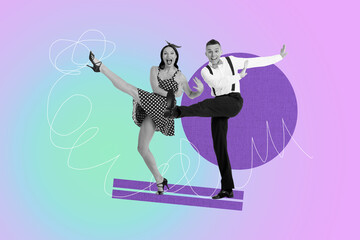 Composite image montage trend artwork 3D collage of costume vintage aristocratic accessory fashion opulence couple young man lady dance