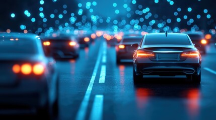 Nighttime urban traffic with glowing city lights