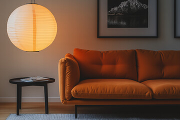 Stylish Living Room with Orange Sofa Round Paper Lamp and Contemporary Art in a Warm Interior Setting
