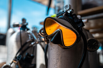 Diving equipment on a liveaboard. Airtank, Mask and Hoses