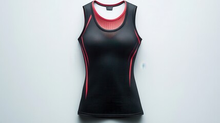 A sleek black sleeveless tank top, accented with bold red accents, rests against a stark white backdrop, ready to capture the attention of fashion enthusiasts and apparel marketers.