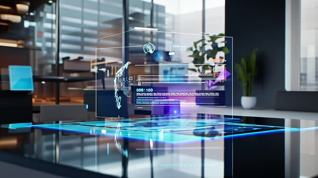 Futuristic holographic display shows data streams on a reflective table in office space