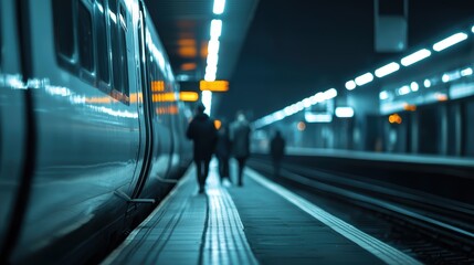 Fototapeta premium Nighttime urban train station with blurred commuters