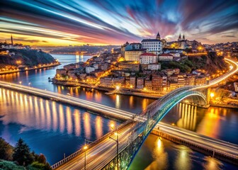 Fototapeta premium Long Exposure Night Photography of Porto, Portugal Modern City Map