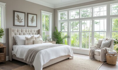 Spacious bedroom with soft gray walls, a cozy white bed, and large windows offering a bright outdoor view.