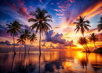 Long Exposure Palm Trees Sunset Beach Tropical Paradise
