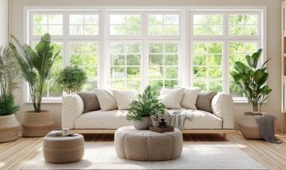 Spacious modern living room with cream furniture, wooden floors, and large windows offering a garden view.