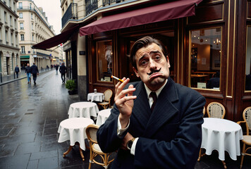 Un homme excentrique à la moustache expressive posant devant un café Parisien