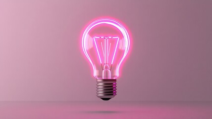 Striking Neon Light Bulb in Mid Air on Gray Backdrop Representing Modern Business Innovation