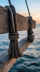 Fototapeta premium A charming wooden swing, securely tied with sturdy ropes, gently sways as it overlooks tranquil waters during a breathtaking sunset in a peaceful coastal environment
