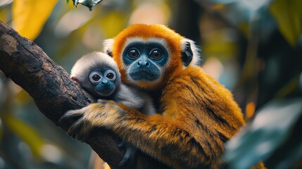 Obraz premium Golden Langur mother cradles baby in lush jungle