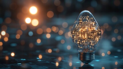 High Tech Light Bulb with Digital Circuit Glowing in Golden Hue on Dark Gray Background
