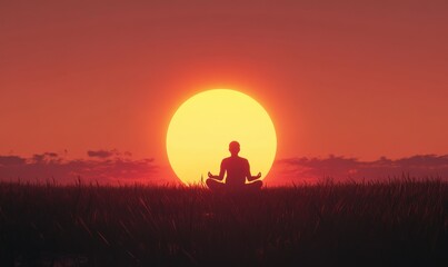 Sunset silhouette of a lone meditator seated peacefully before a glowing horizon, evoking tranquility and mindfulness