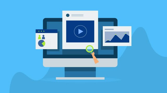 Content strategy, video marketing analytics and social media video post on computer screen with KPI metrics data, business concept.