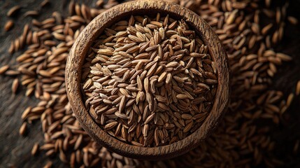 Close-up of cumin seeds in a wooden bowl