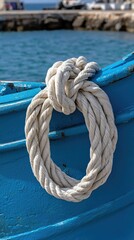Fototapeta premium Rope knot secured to a bright blue fishing boat by the water revealing intricate details in the sunlight