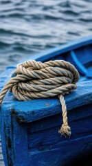Fototapeta premium A twisted rope lies peacefully on a blue wooden fishing boat, which is gently resting at the shoreline on a tranquil day by the water