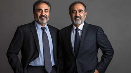 Dynamic Business Partners in Tailored Suits Displaying Modern and Approachable Corporate Image