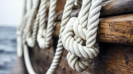 Knotted rope secured to wooden dock by the water during calm weather showcasing nautical craftsmanship