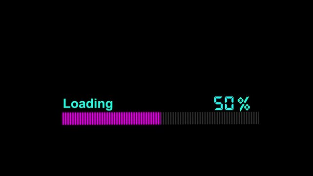 Digital loading progress purple bar animation. Loading bar downloading progress animation transfer 0-100 on black background.