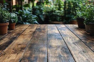 Rustic wooden table, garden backdrop
