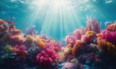 Fototapeta premium Underwater coral reef teeming with colorful marine life, with shafts of sunlight breaking through the clear turquoise water