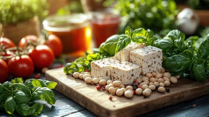 Fresh tofu cubes with basil, vegetables, and beans on a wooden board