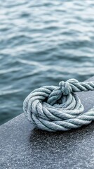 Fototapeta premium A sturdy rope knot is firmly tied to a dock, with the serene and calm water providing a picturesque backdrop in the daylight