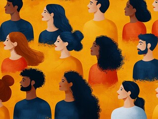 Diverse crowd profile view, yellow background