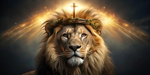 Fototapeta premium Majestic Lion Judah Crown Thorns Glowing Cross Desktop Wallpaper 16x9