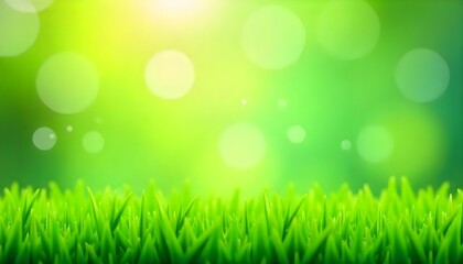 Fototapeta premium A vibrant background featuring a lush green grass foreground and a bokeh effect backdrop. The grass is vividly green, with individual blades clearly defined, creating a sense of depth and texture