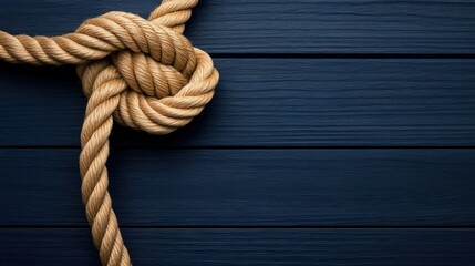 Obraz premium A tightly secured rope knot rests firmly on a wooden surface that boasts a rich dark blue finish, illuminated by daylight