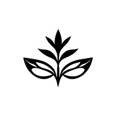 Minimalist black leaf sprig, clean background, black and white, symmetric design, floral motif, negative space.