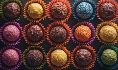 Vibrant chocolate truffles arranged in a grid of colorful wrappers, illuminated by soft light to emphasize their rich textures and gourmet appeal